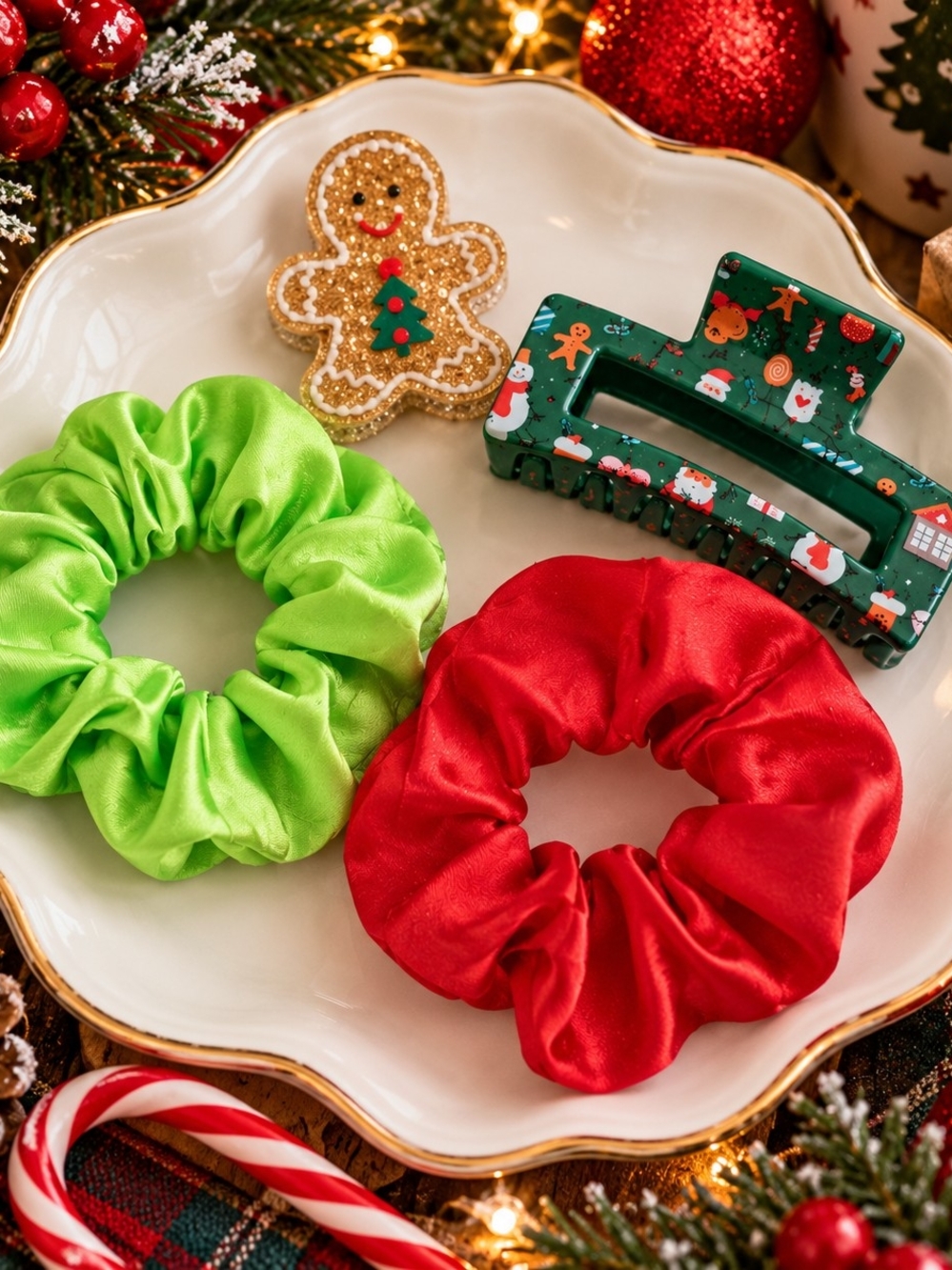 4-Piece Christmas Hair Accessory Set – Scrunchies & Claw Clips New